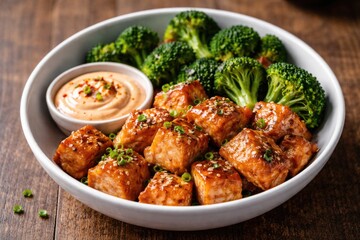 Fototapeta premium Baked salmon bites served with steamed broccoli florets and spicy mayo in a white bowl on a wooden table with copy space