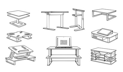 Computer riser stands vector collection for ergonomic workspaces © MstBabli