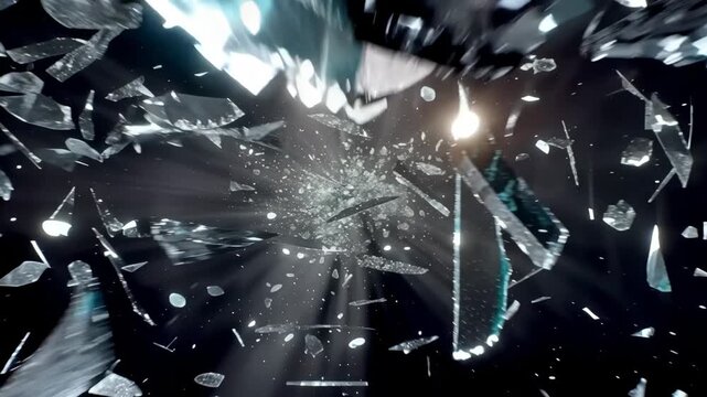 Cinematic slow motion of exploding shattered glass or crystal shards flying through camera with glowing light rays on black background