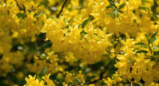 Sunny yellow laburnum flowers blooming in bright daylight