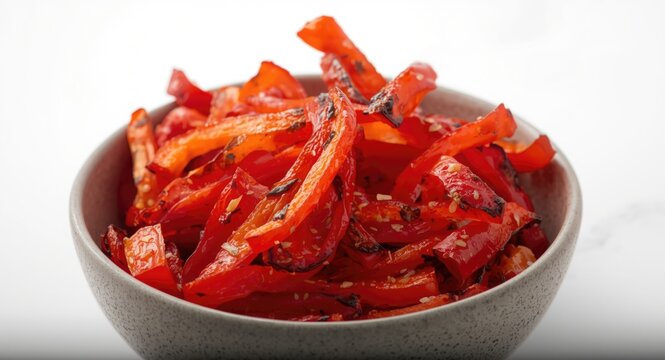 Richly roasted red bell pepper strips presented in a minimalist bowl