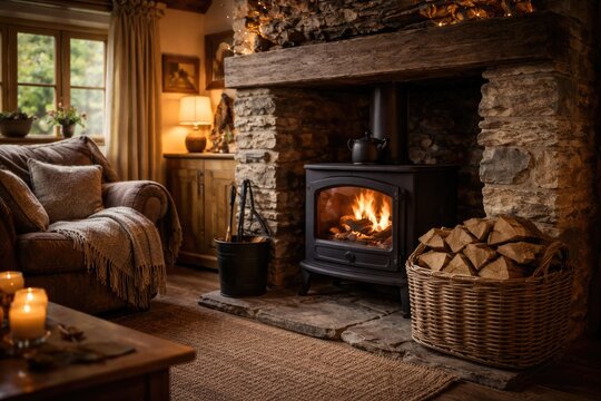 Cozy cottage interior featuring a wood burner fireplace and log storage basket