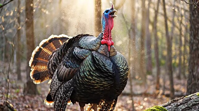 Wild turkey goble call while strutting in sunlit forest