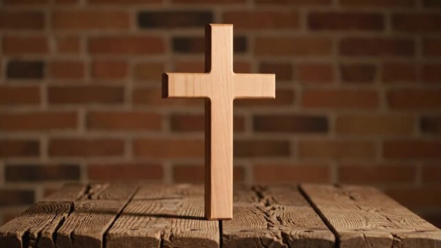 Wooden cross on rustic table.