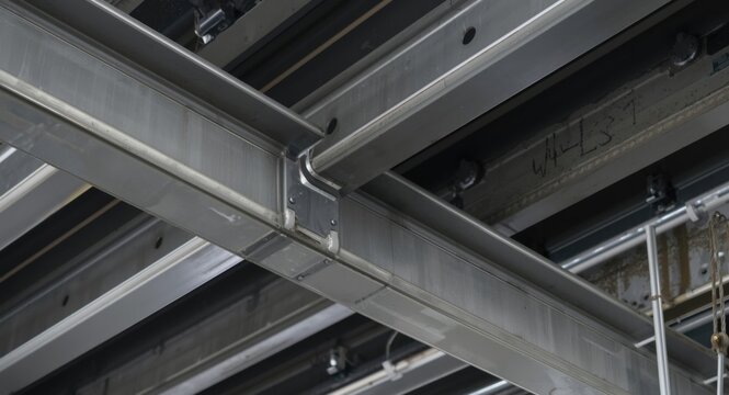 Steel construction beams joined by bolts featuring protective primer paint