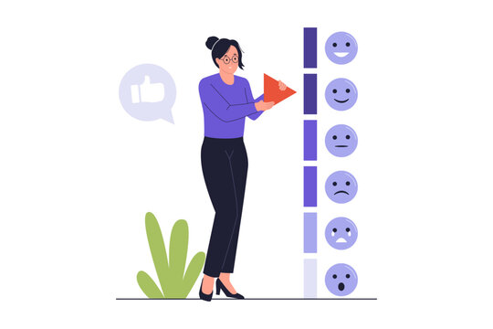 Illustration of Likert Scale and Emotional Feedback Measurement. Woman character placing an arrow on a Likert scale ranging from sad to happy emojis for sentiment analysis