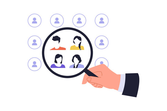 Illustration of Research Sampling and Population Selection. Hand holding a magnifying glass to select specific individuals from a population for research sampling