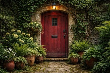 Fototapeta premium Rustic vintage red door surrounded by lush green plants perfect for outdoor architecture inspiration