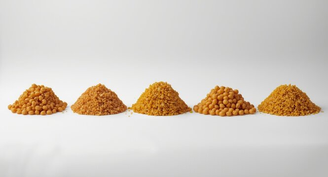 Individual heaps of toor dal and split chickpeas placed on a white flat backdrop