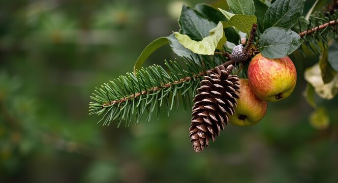 Winter apple branch and pine cone composition with vibrant green forest