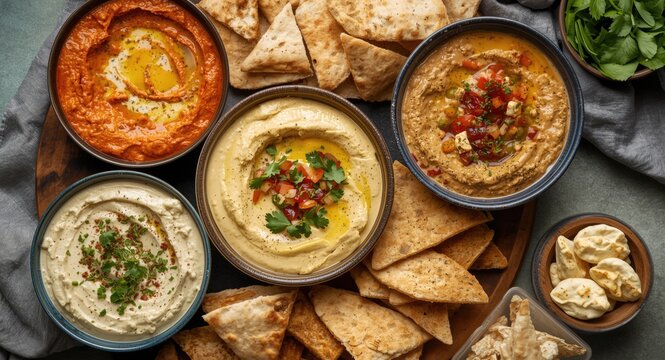 Variety of vegan hummus dips served with assorted pita and meze snacks for a healthy treat