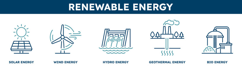 Renewable energy vector line icon set infographic. Sustainable alternative power generation concepts including solar, wind, hydro, geothermal, and bio energy.