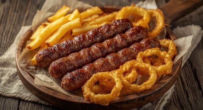 Traditional cevapcici with crispy fries and golden onion rings on a rustic platter