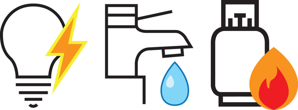 Blue Water drop with faucet, electricity lighbulb, gas tank with flame vector design for logo