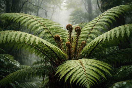 Lush Cyathea Australis Fern Close-Up in Misty Rainforest