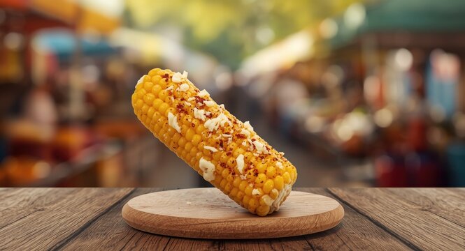 Street corn delight with creamy cotija cheese and zesty chili on elote