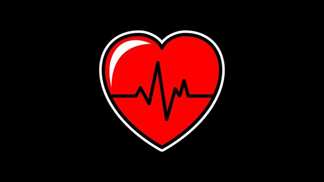 Clean seamless looping animation of a pulsing red heartbeat symbol representing life and love; health and medical concept on a transparent alpha channel background in 4k horizontal format