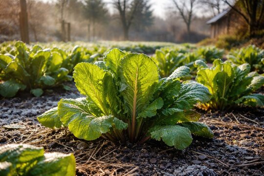 Chicory plants flourishing in a chilly rural garden with vivid leaves under bright sunlight