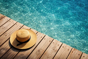 Obraz premium Straw Sunhat Resting on Wooden Pier by Clear Blue Sea on Sunny Day
