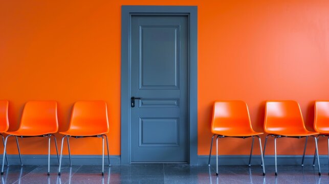 Hiring concept. A row of empty office chairs stands next to the office door.
