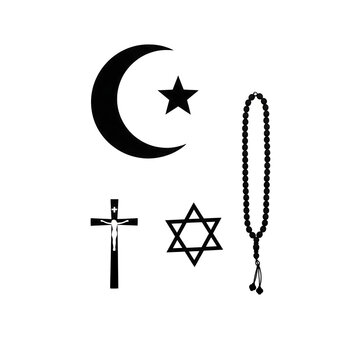 Religious Symbols Crescent Moon Star Cross Star of David and Prayer Beads.