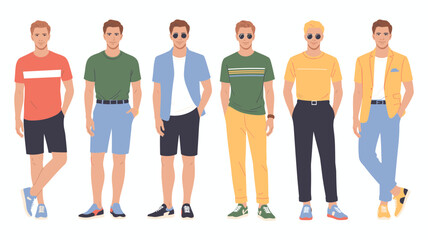 Fototapeta premium Trendy Fashion Men Flat Illustration Set Stylish Young Male Characters in Summer Outfits