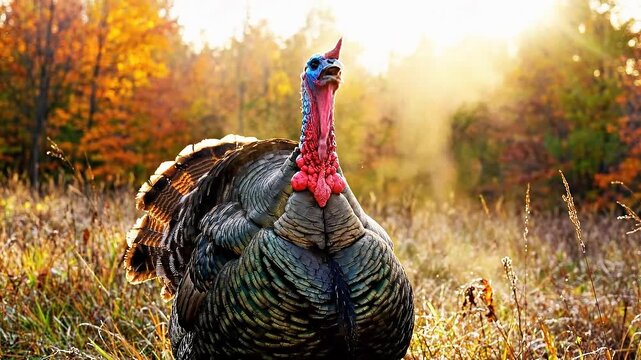 Majestic Wild Turkey Goble in Golden Autumn Meadow