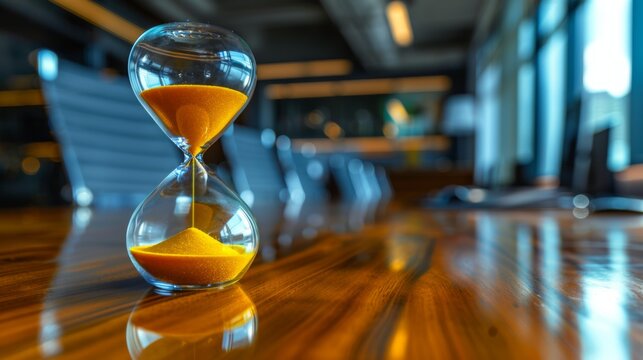 A close-up view of a sophisticated hourglass capturing the passage of time in a luxurious office setting, symbolizing deadline and time management in business.