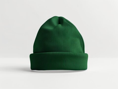 A blank green beanie hat is showcased against a pristine white background for design mockup purposes.