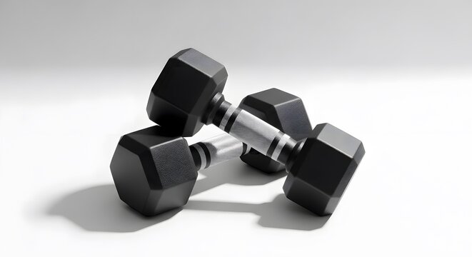 A pair of black dumbbells on a white background for fitness and exercise