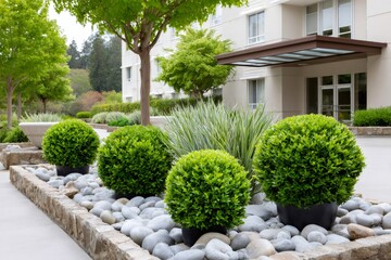 Fototapeta premium Modern residential building entrance with landscape design and green plants