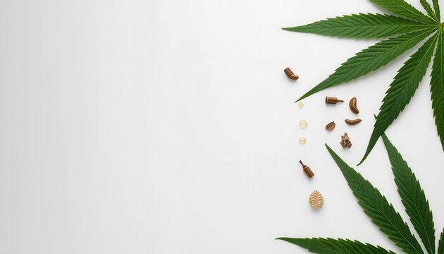 Cannabis leaf with seeds: An isolated, top-down perspective captures the delicate details of cannabis leaves, seeds, and the promise of nature's bounty.