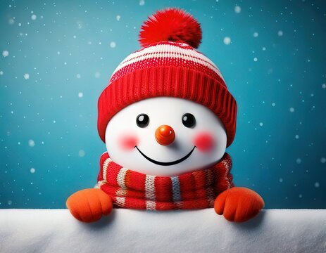 Boneco de neve fofo com touca e cachecol vermelho espreitando sobre uma borda branca com fundo azul de inverno e neve caindo suavemente.