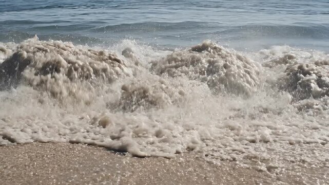 A powerful wave crashes onto a sandy shore, sending spray and foam into the air