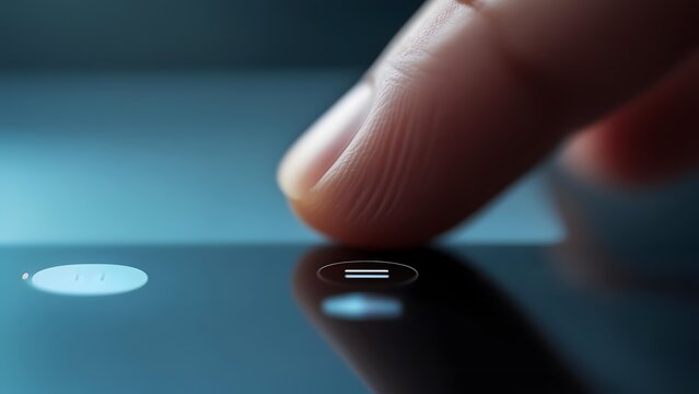 Person pressing pause symbol on table.