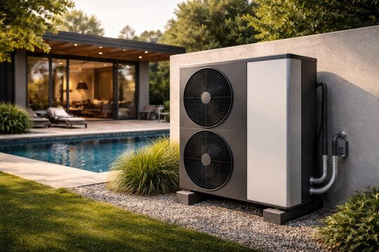 Outdoor air heat pump installation beside a modern pool house