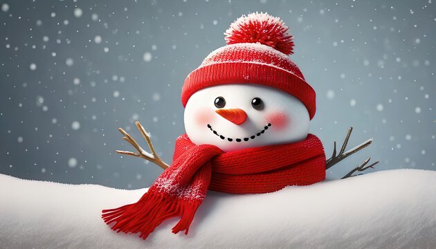 Boneco de neve fofo com gorro e cachecol vermelhos sorrindo em uma paisagem de inverno com neve caindo suavemente ao fundo.