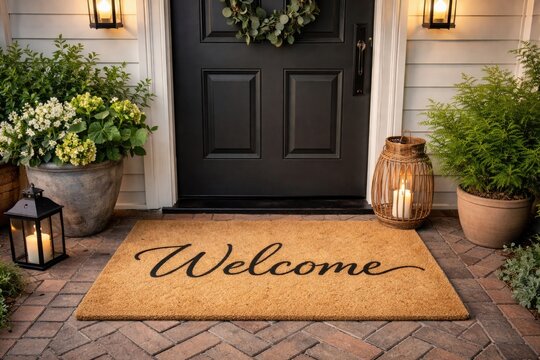 Entrance door area featuring a welcome mat with scripted text