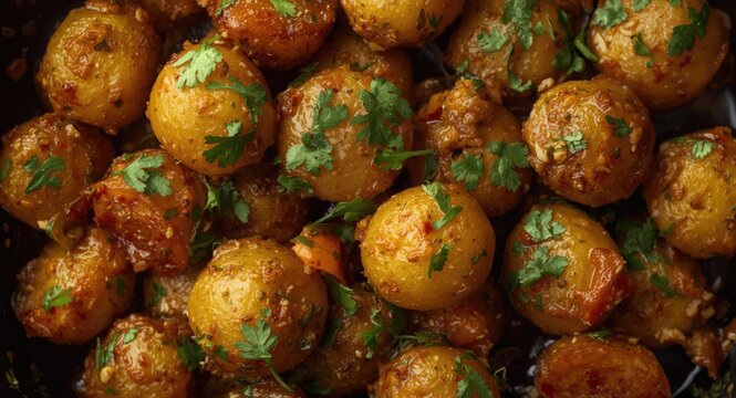 Overhead close up of little potatoes saut&Atilde;&copy;ed with cumin and coriander Indian cuisine copy space