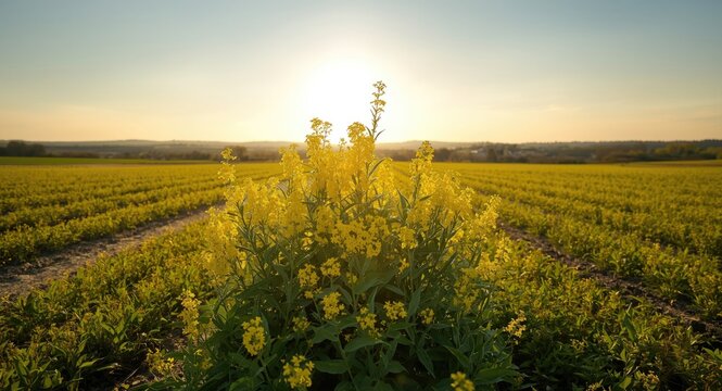 Sunlit rural fields with flourishing charlock mustard plants