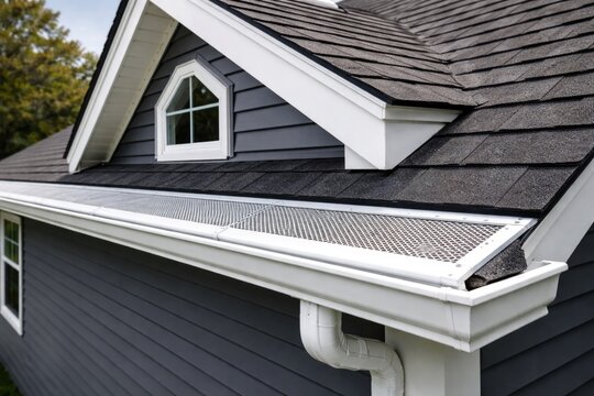 White frame gutter guard system on pitched roof attic with dark gray vinyl siding and white fascia