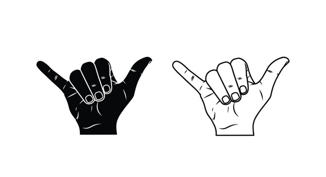 Two stylized black and white illustrations depicting the shaka hand gesture