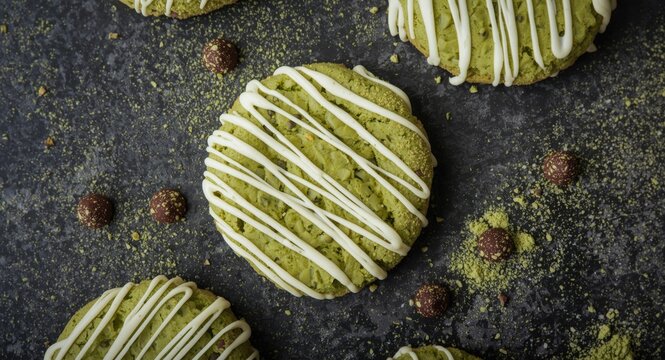 Sweet matcha sugar cookies covered in white chocolate drizzle on a dark stone countertop surrounded by powdered matcha and chocolate drops