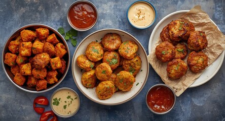 Fototapeta premium Indian spicy street food selection featuring Aloo Tikki, Ragda Patties, and Cutlet with tangy sauces on a moody backdrop