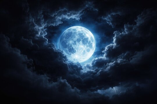 A mysterious blue moon emerging through stormy clouds at midnight with a dark atmosphere