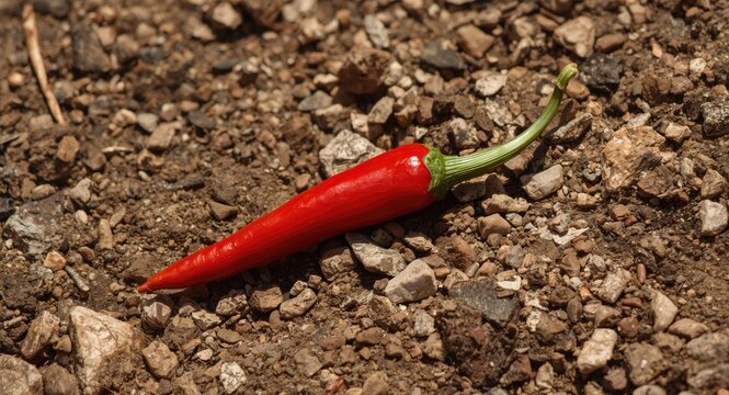 Macro shot showing a bright red Guajillo chili pepper on rugged soil with scattered small rocks