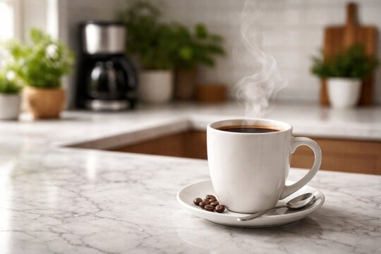 Coffee cup with steam on marble countertop and blurred kitchen background with plants and coffee maker copy space