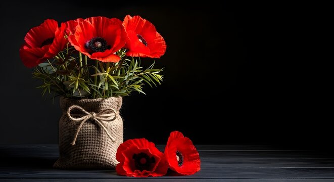 A bouquet of red poppies in a burlap wrapped vase on a dark wooden table with two fallen flowers