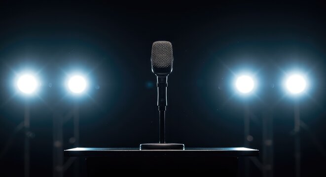 Dynamic microphone standing ready on a stage podium under bright spotlights, signifying public address and important communication ,communication ,dynamic ,technology