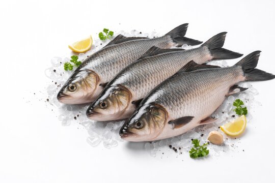 Fresh catla fish arranged on a clean white background with ample copy space